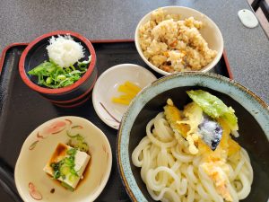 ニュー飯塚の大助うどんでおろし天ぷらうどん定食、初物だよ😃