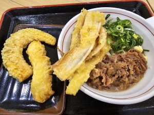 夢タウンの能古うどんで冷やし肉ごぼう天うどん🍜とかぼちゃ天イカ天だよ☺️